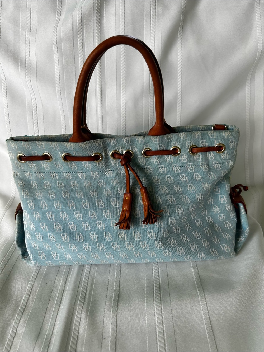 Vintage Dooney & Bourke Baby Blue Monogram Brown Leather Tassel Tote Handbag